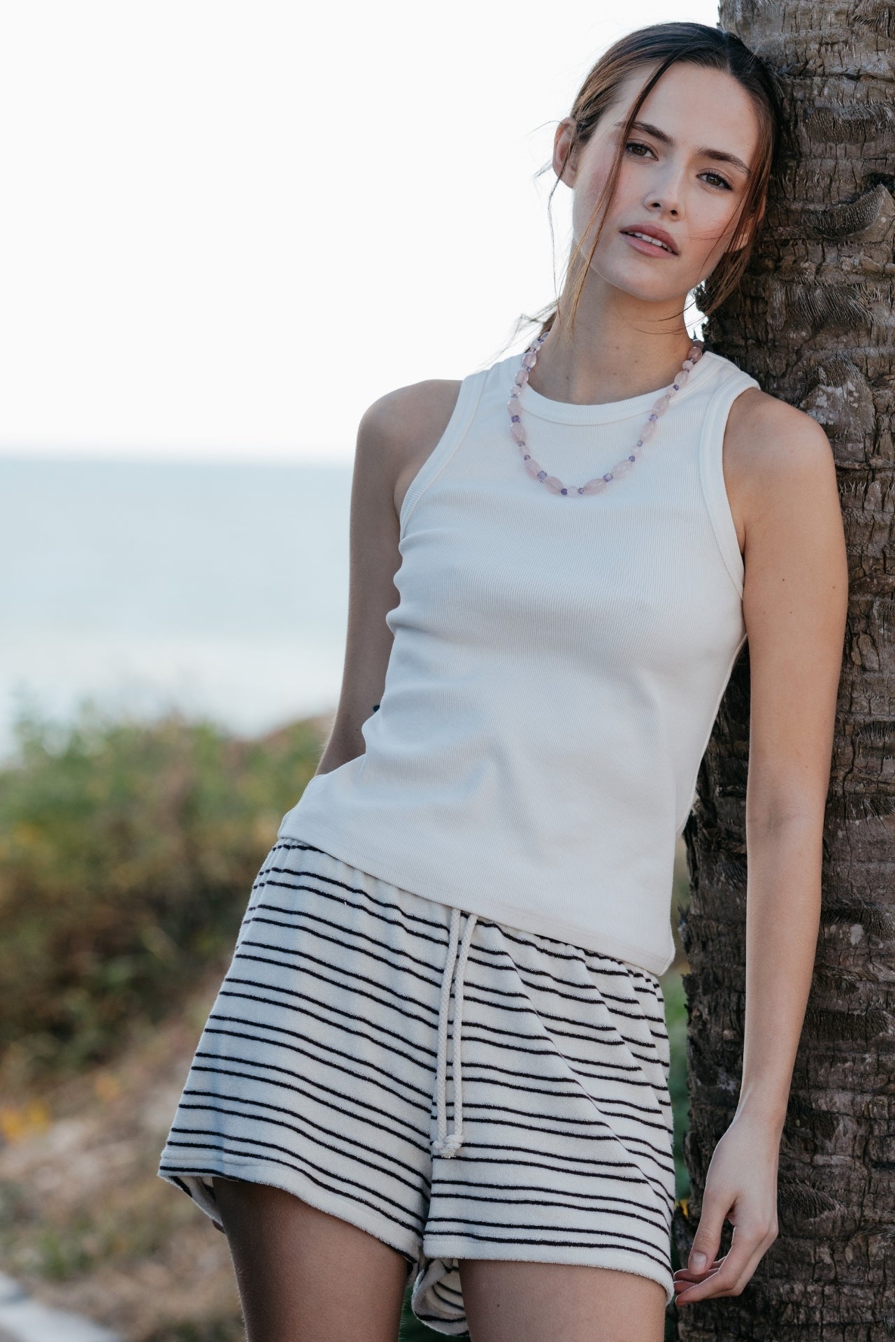 Perfect White Tee Summer Loop Terry Sweat Shorts - Natural/Chocolate Stripe