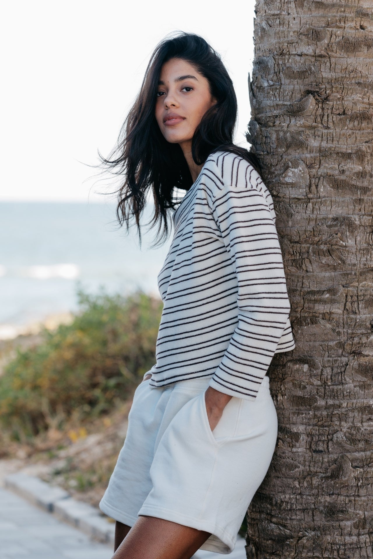 Perfect White Tee Loop Terry Stripe Long Sleeve Top - Natural/Chocolate Stripe