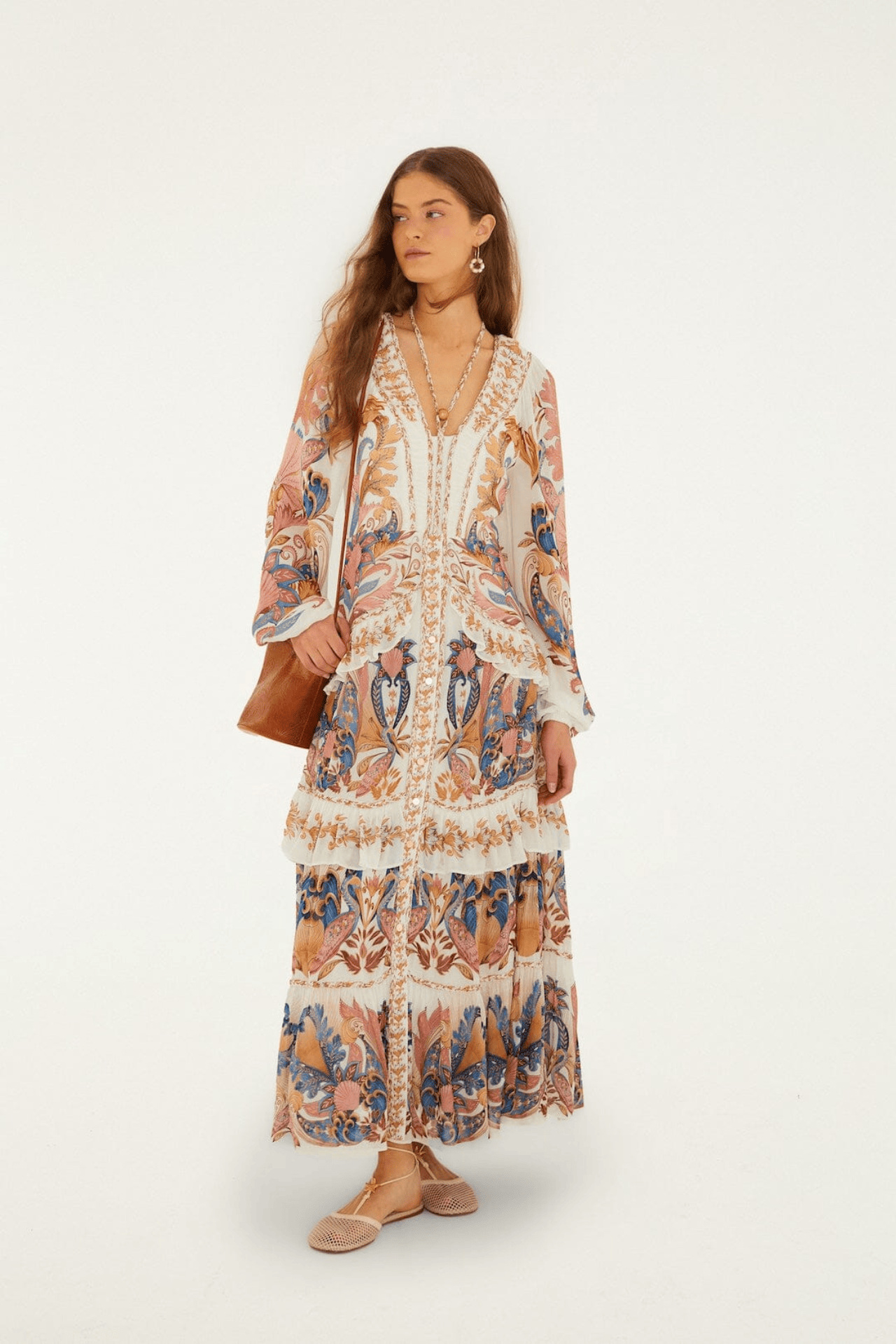 Farm Rio Sea Garden Off-White Braid Details Long Dress