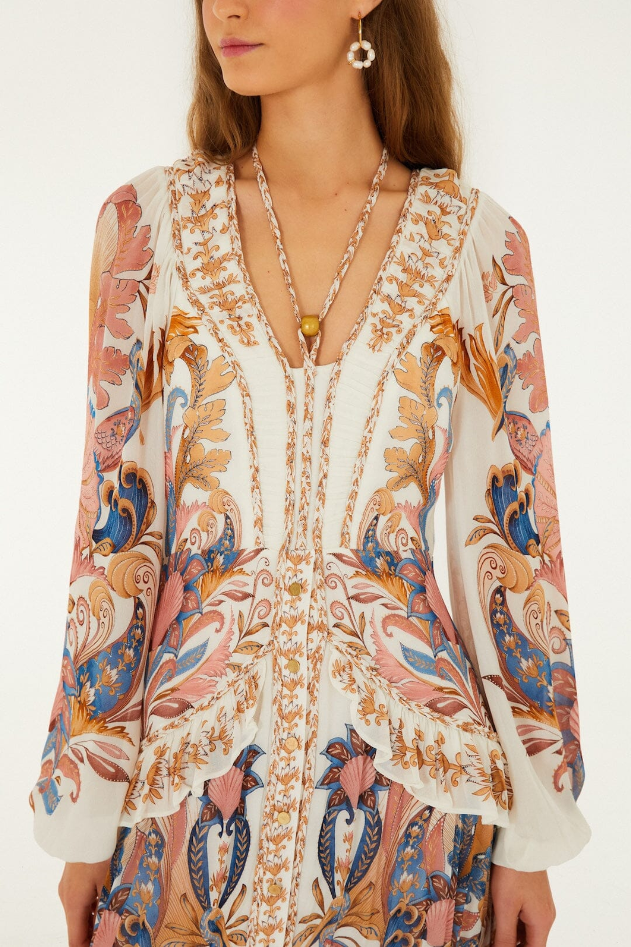 Farm Rio Sea Garden Off-White Braid Details Long Dress