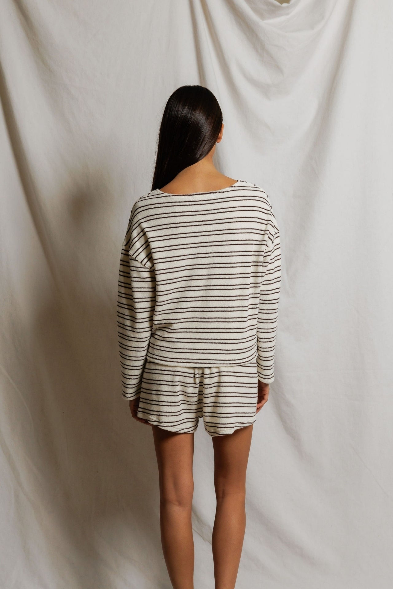 Perfect White Tee Loop Terry Stripe Long Sleeve Top - Natural/Chocolate Stripe