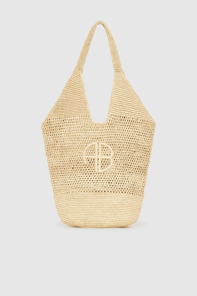 Anine Bing Leah Logo Hobo Tote Raphia Natural