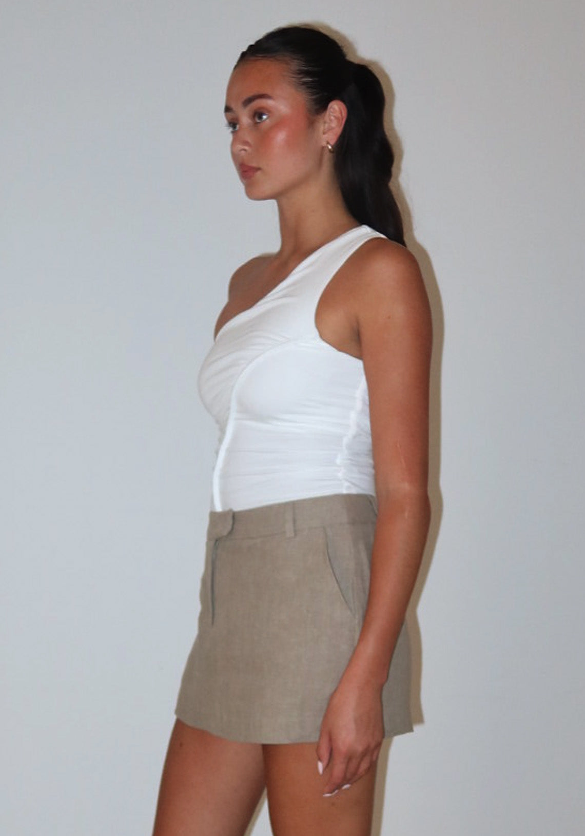 One Shoulder Ruched Top White