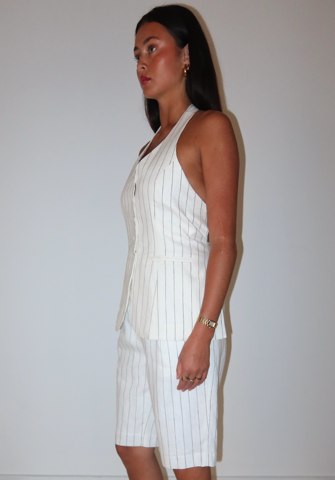 Pinstripe Linen Vest White