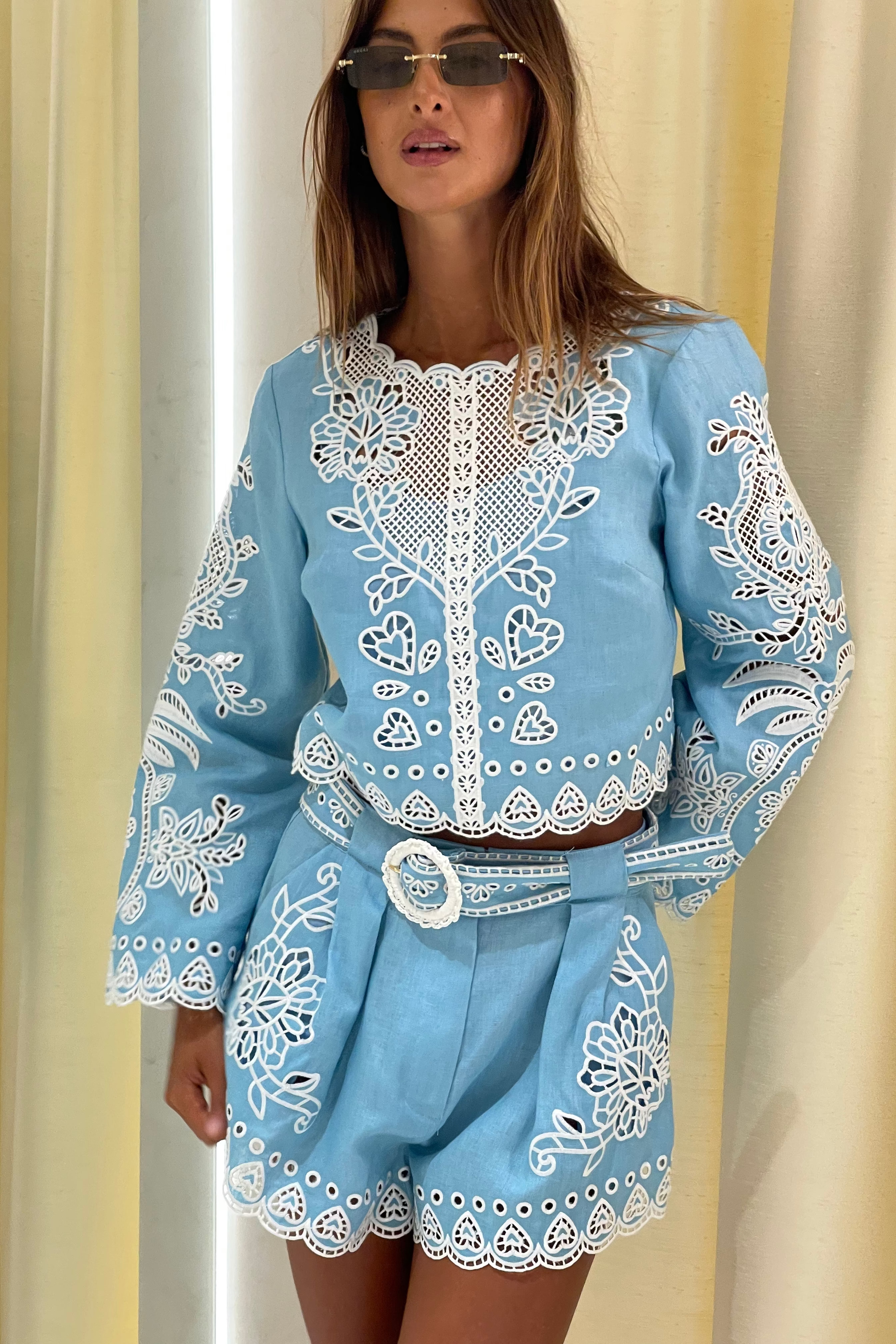 Farm Rio Romantic Richelieu Shorts In Blue