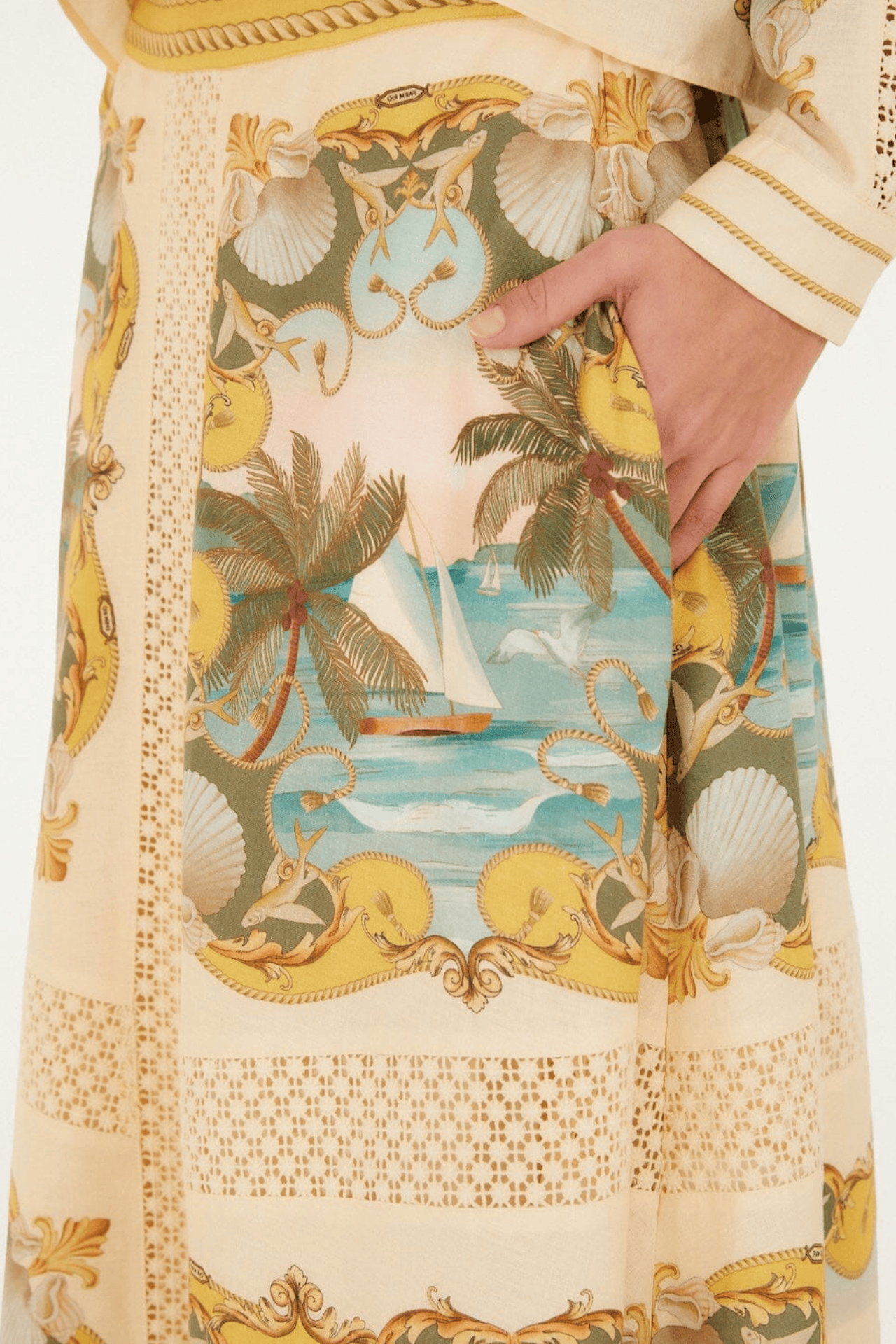 Farm Rio Royal Sea Multicolor Crochet Detail Midi Skirt