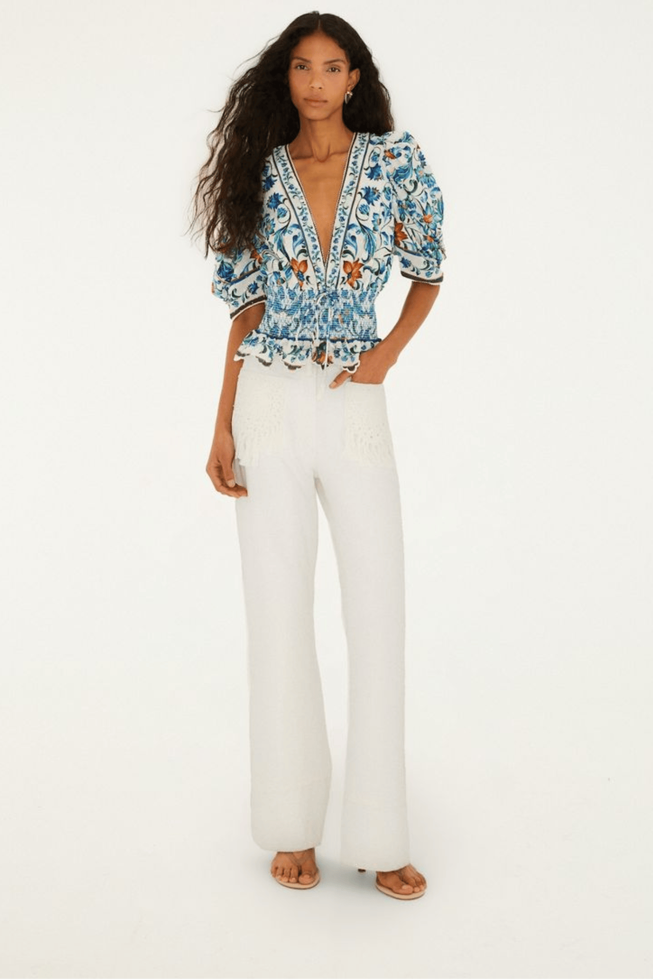 Farm Rio Twill Pants Pocket Fringe in Denim