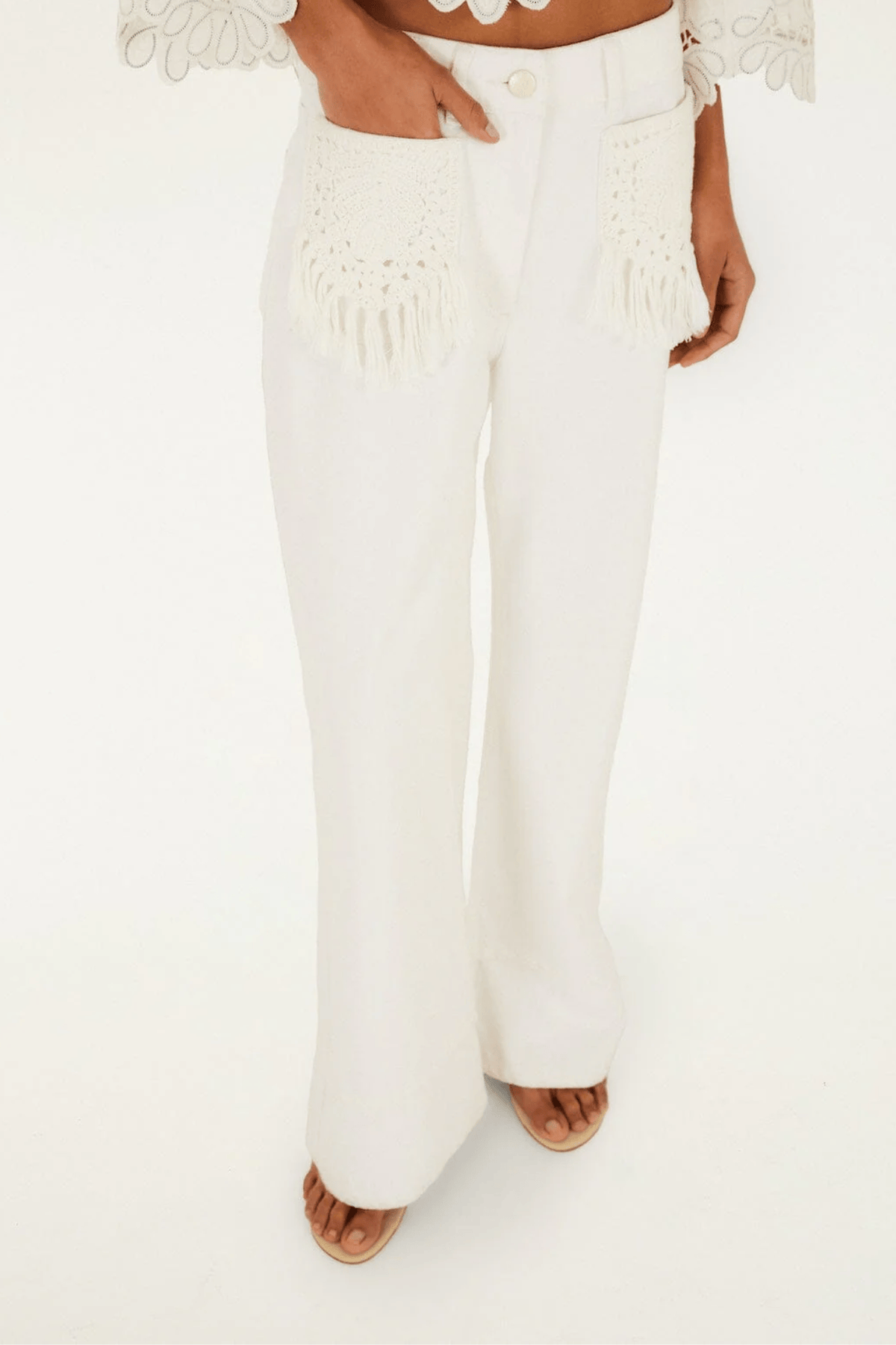 Farm Rio Twill Pants Pocket Fringe in Denim
