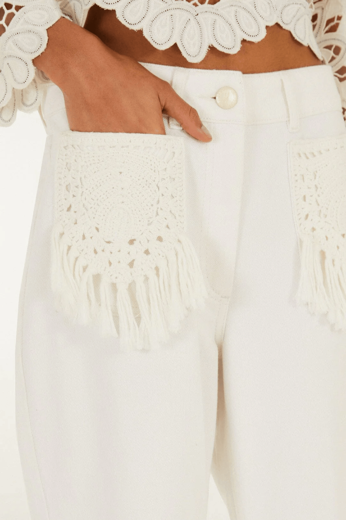 Farm Rio Twill Pants Pocket Fringe in Denim