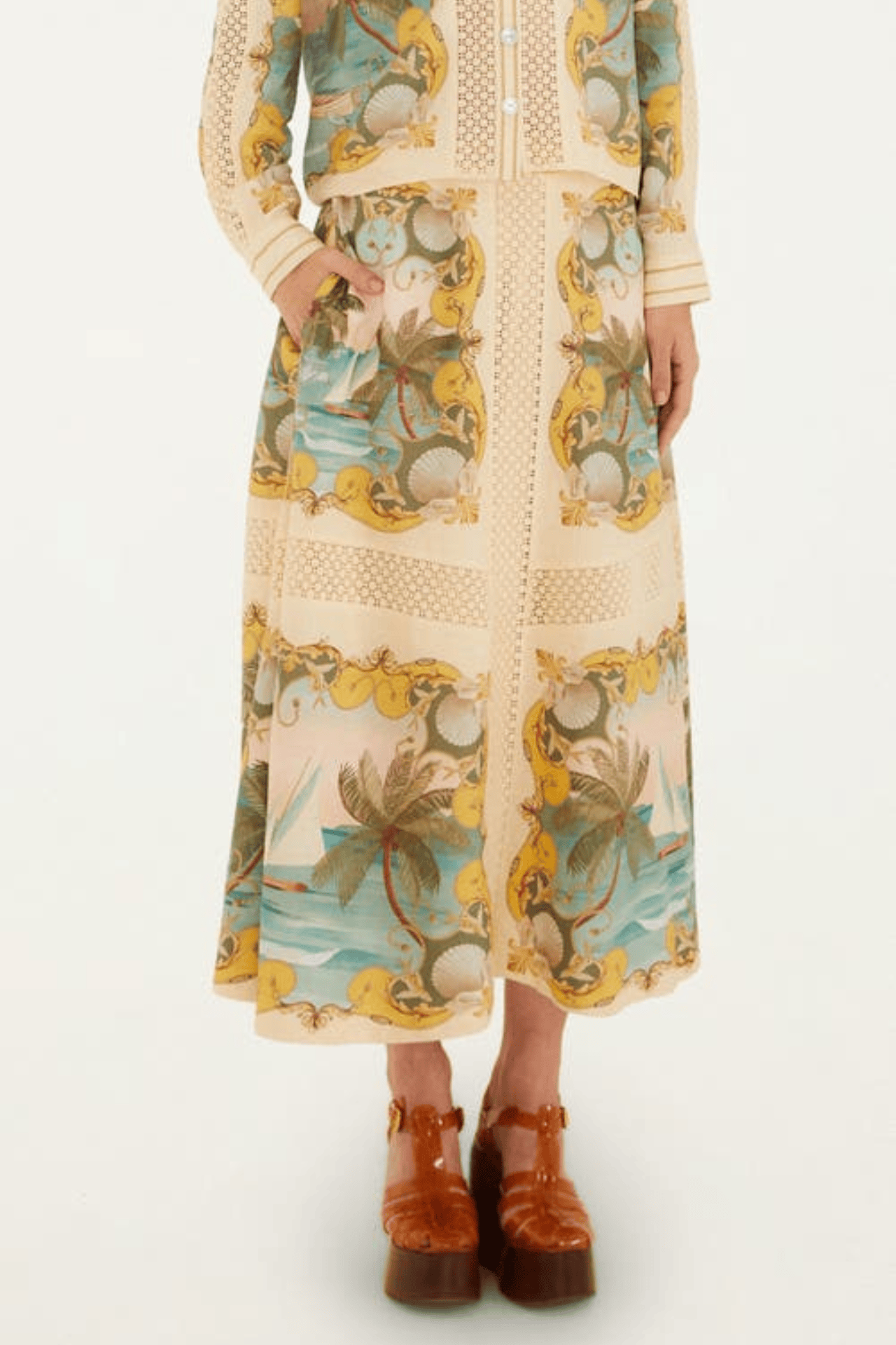 Farm Rio Royal Sea Multicolor Crochet Detail Midi Skirt
