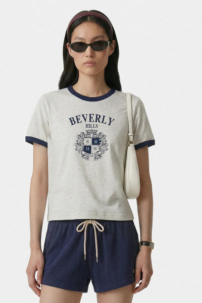Sporty & Rich BH Crest Soft Ringer Tee Heather Grey & Dark Navy