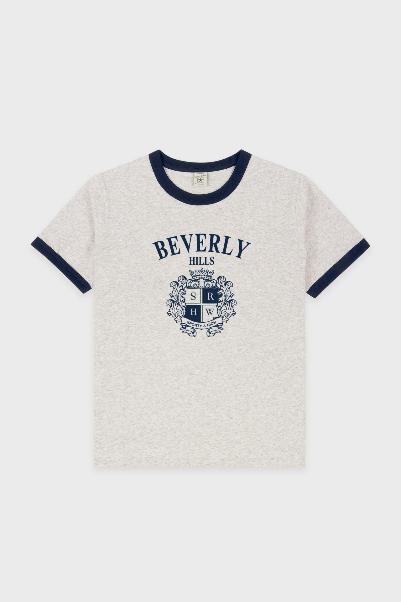 Sporty & Rich BH Crest Soft Ringer Tee Heather Grey & Dark Navy