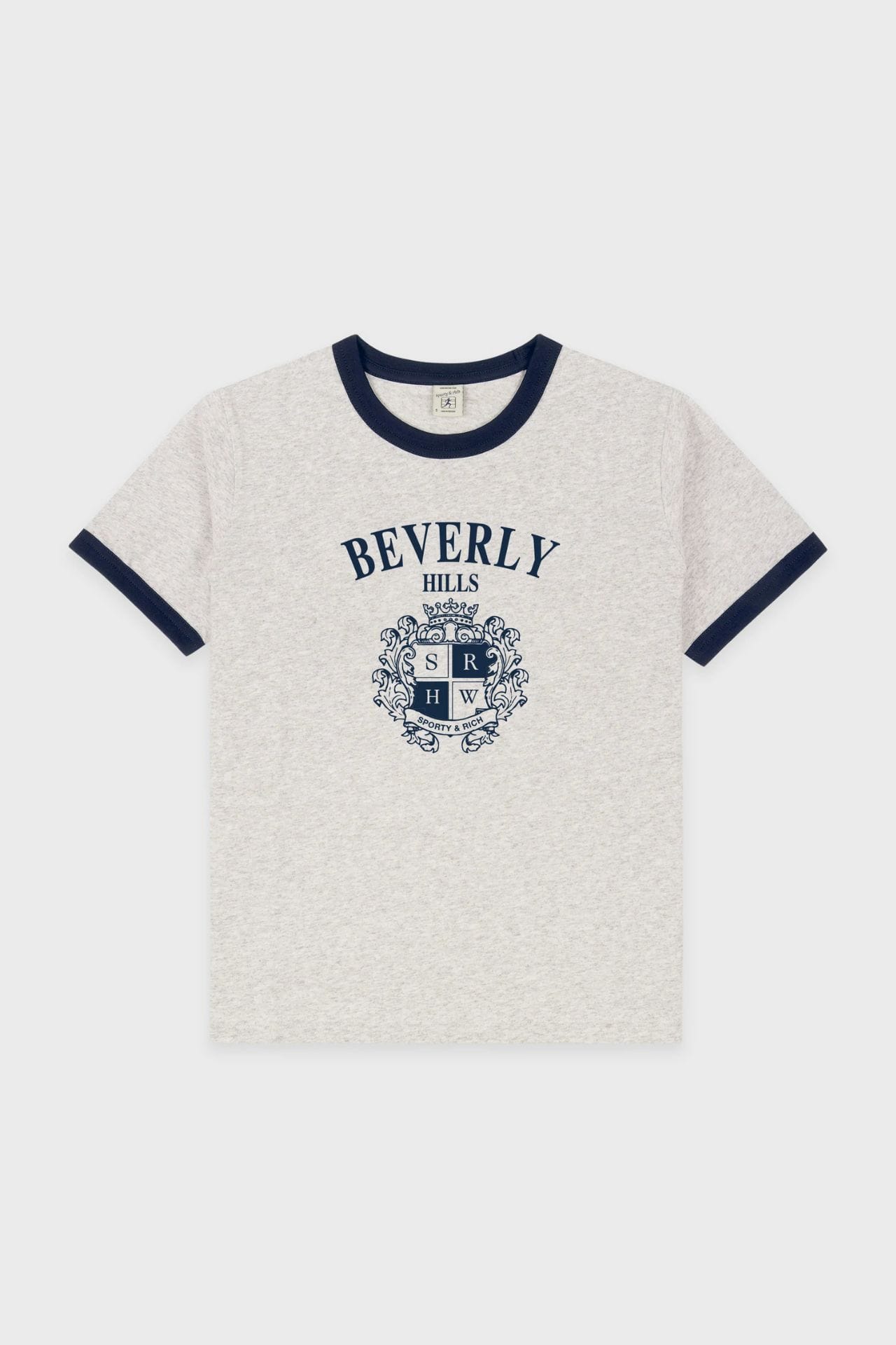 Sporty & Rich BH Crest Soft Ringer Tee Heather Grey & Dark Navy