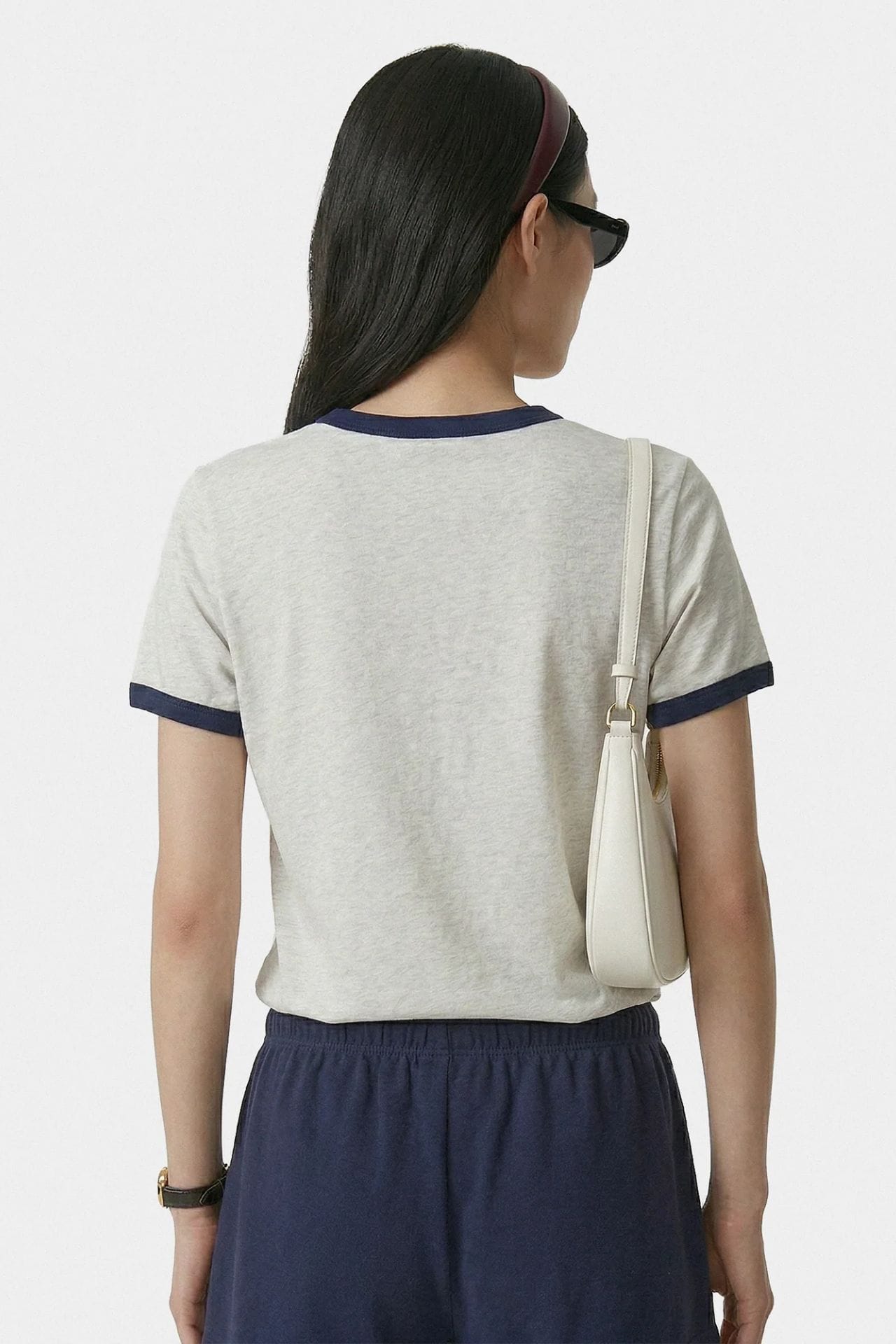 Sporty & Rich BH Crest Soft Ringer Tee Heather Grey & Dark Navy