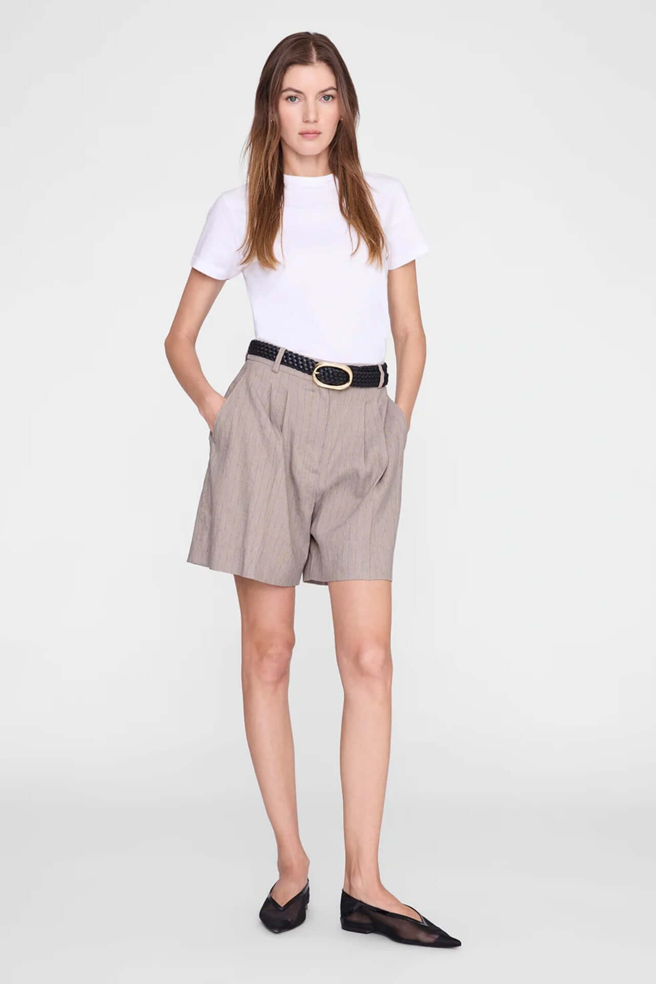 Anine Bing Brice Short Taupe Blue Pinstripe