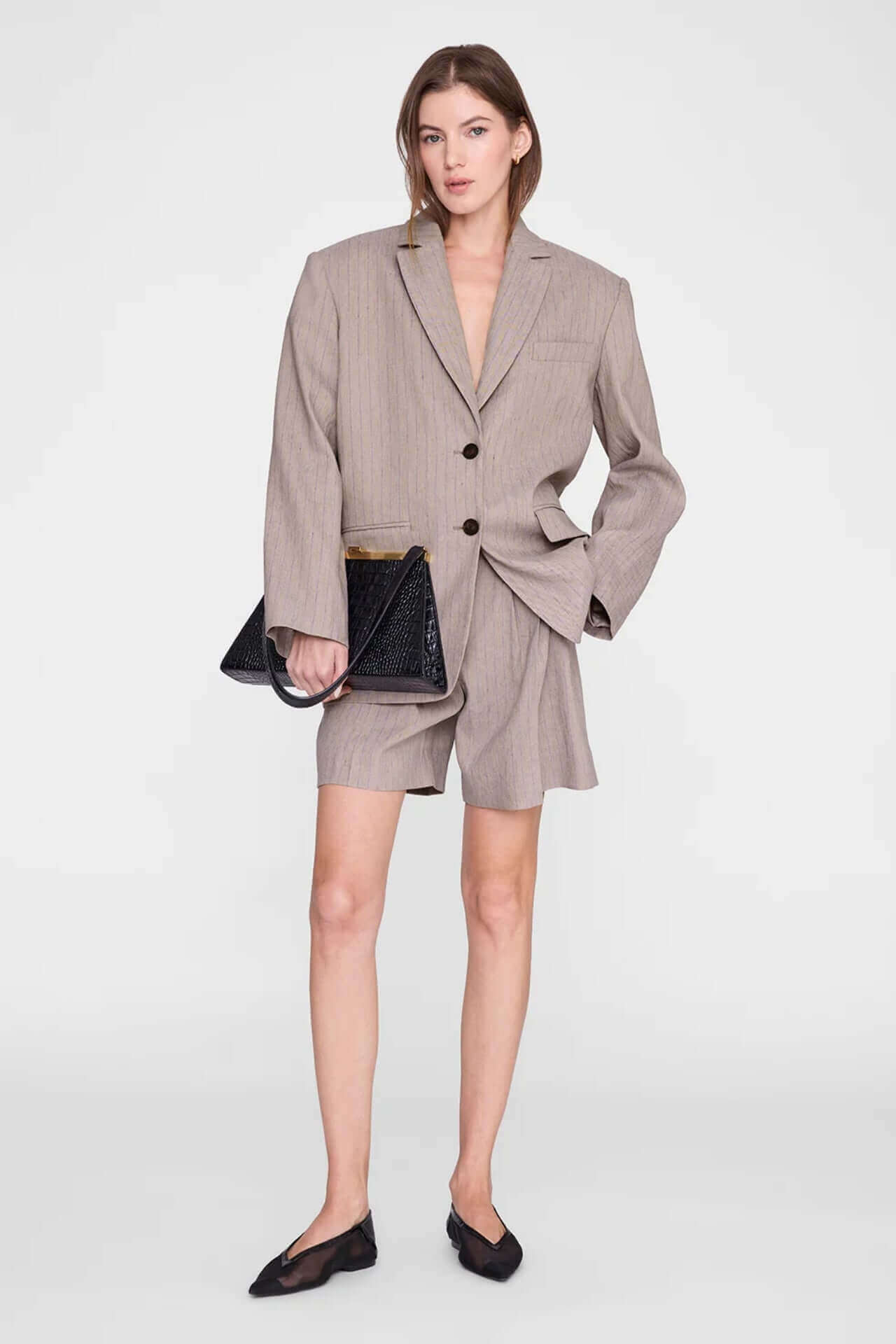 Anine Bing Quinn Blazer Taupe and Blue Pinstripe