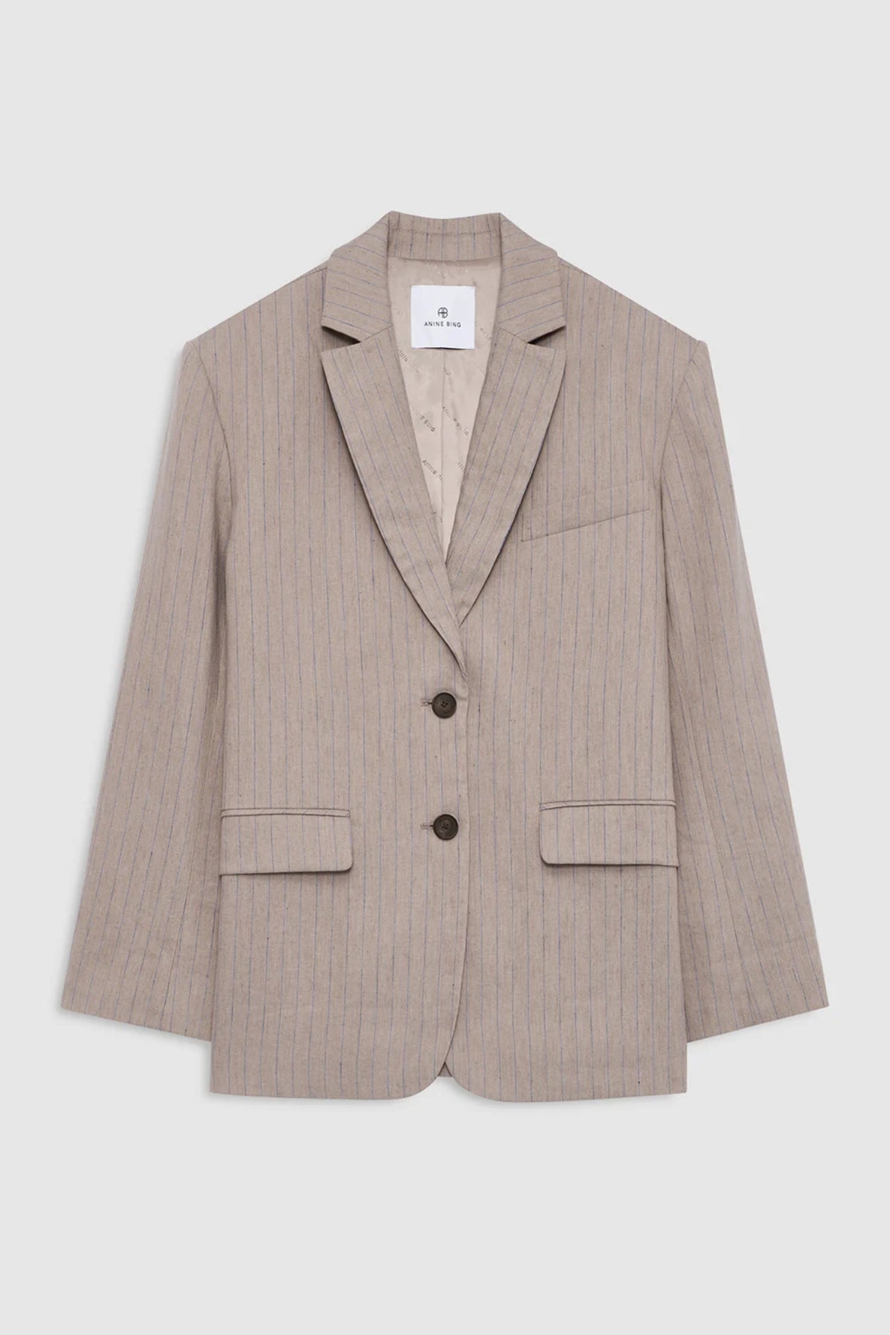 Anine Bing Quinn Blazer Taupe and Blue Pinstripe