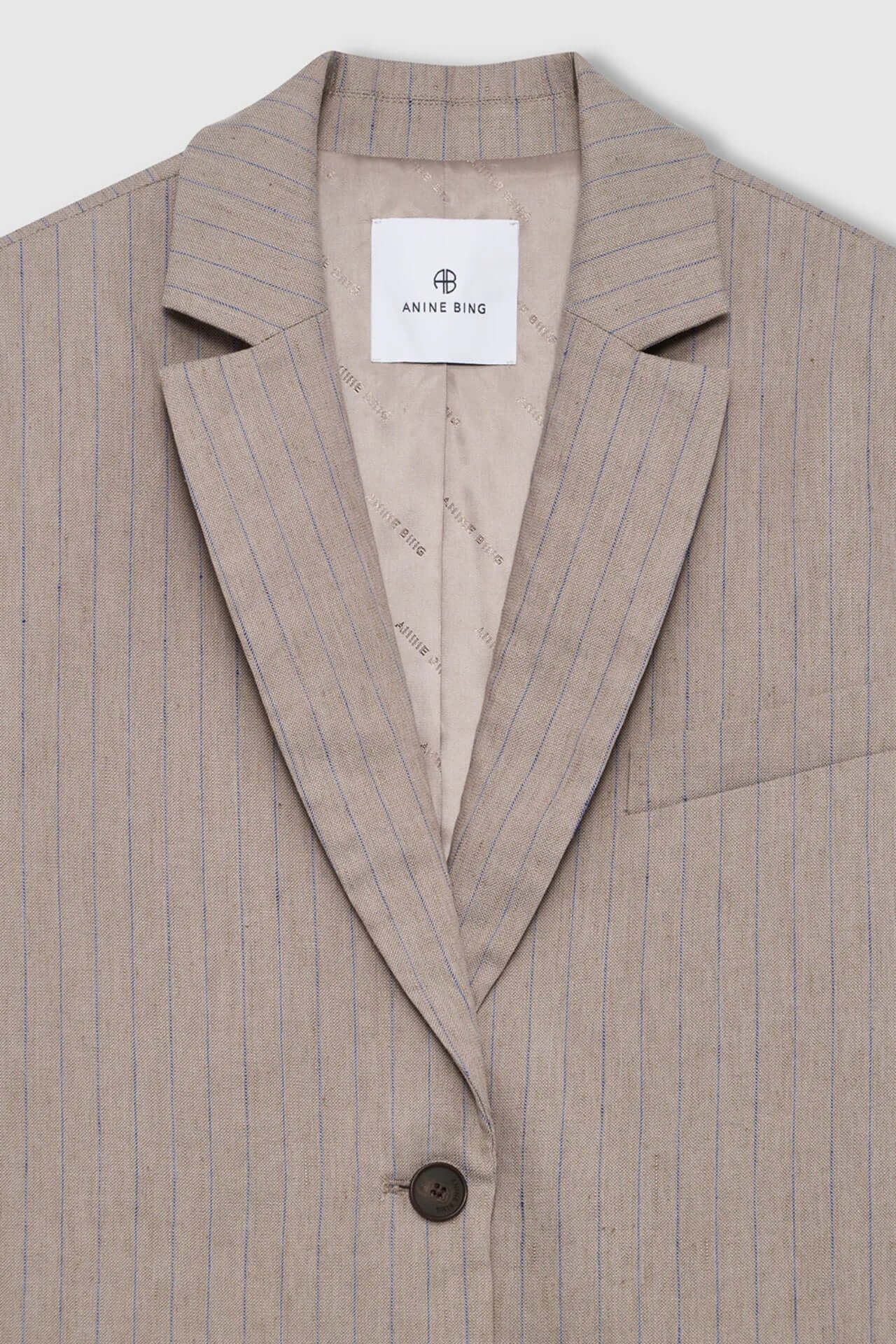 Anine Bing Quinn Blazer Taupe and Blue Pinstripe
