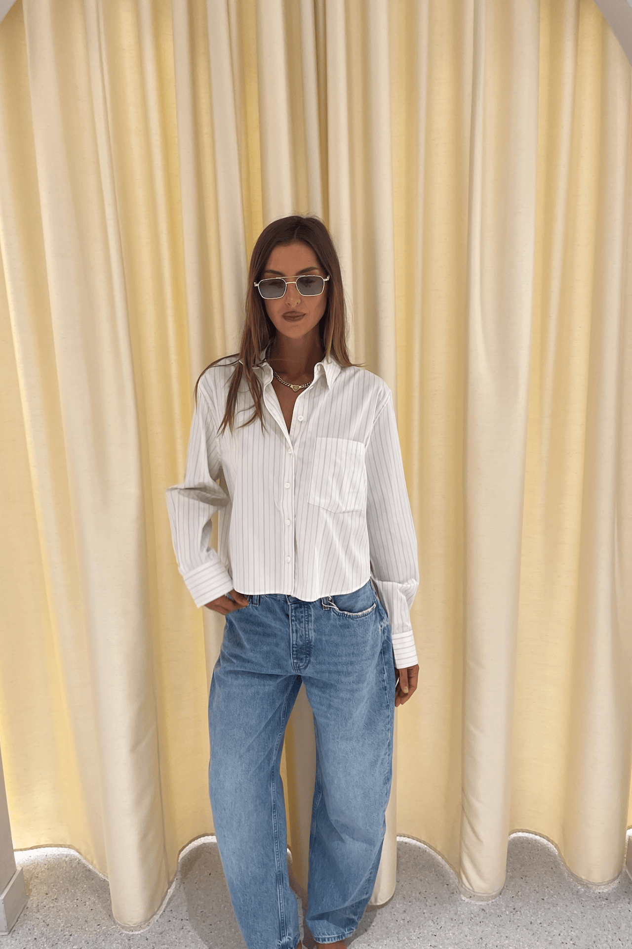 Anine Bing Essie Cropped Shirt Cream Pinstripe