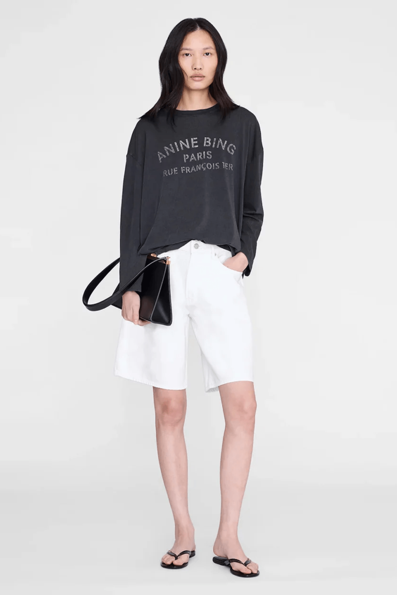 Anine Bing Ivan Paris Stencil Long Sleeve – Washed Black | Tuchuzy