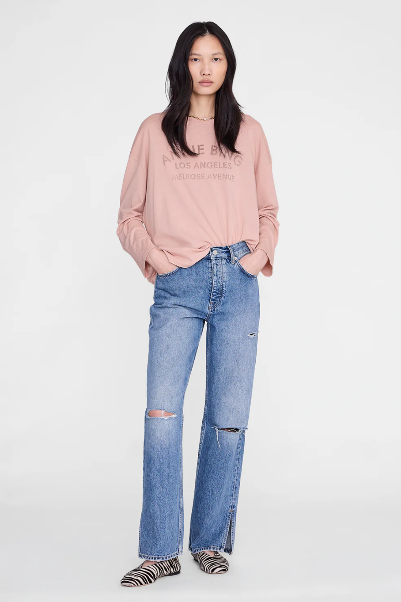 Anine Bing Ivan Long Sleeve Melrose Stencil Washed Blush