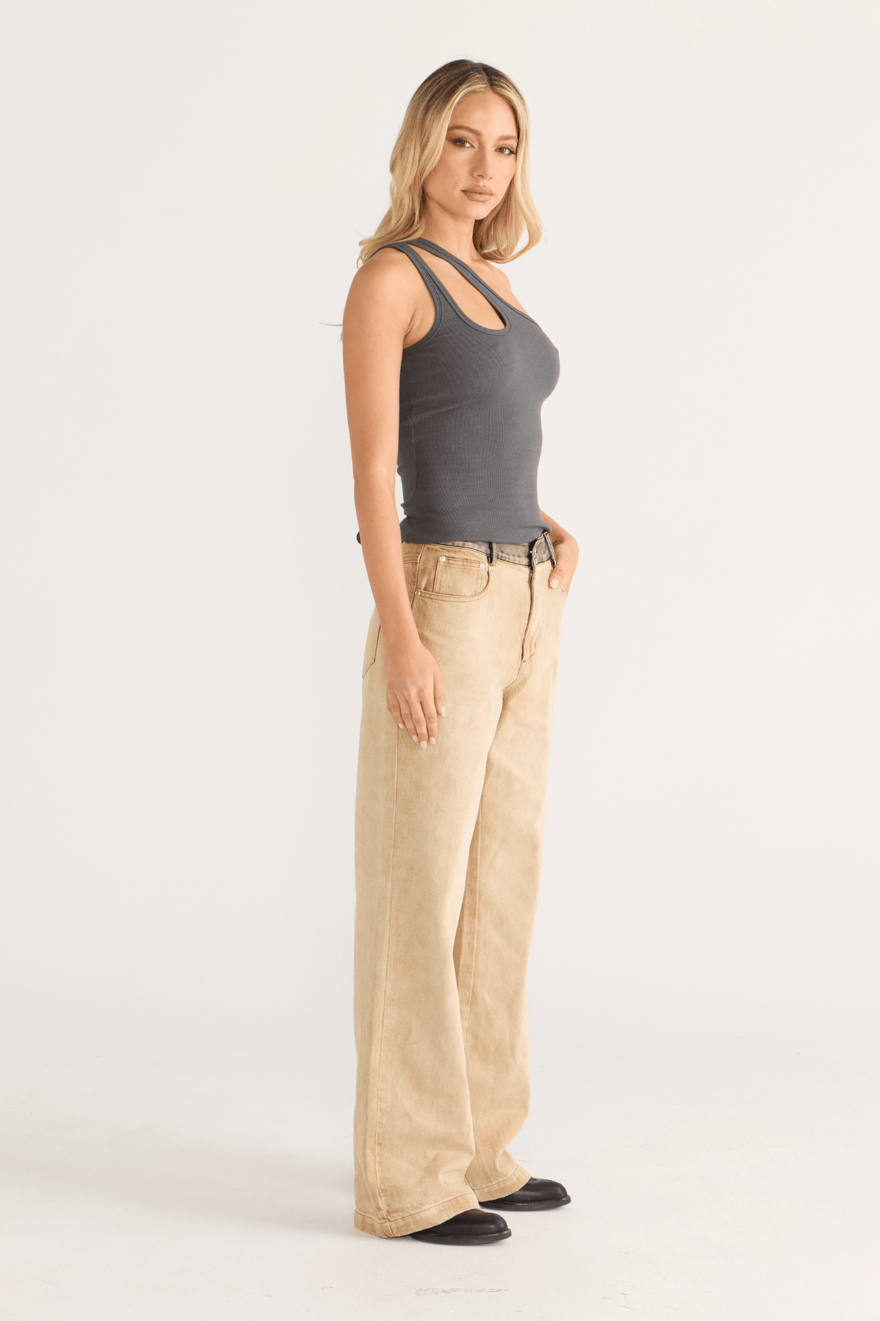 One Shoulder key hole Singlet Coal