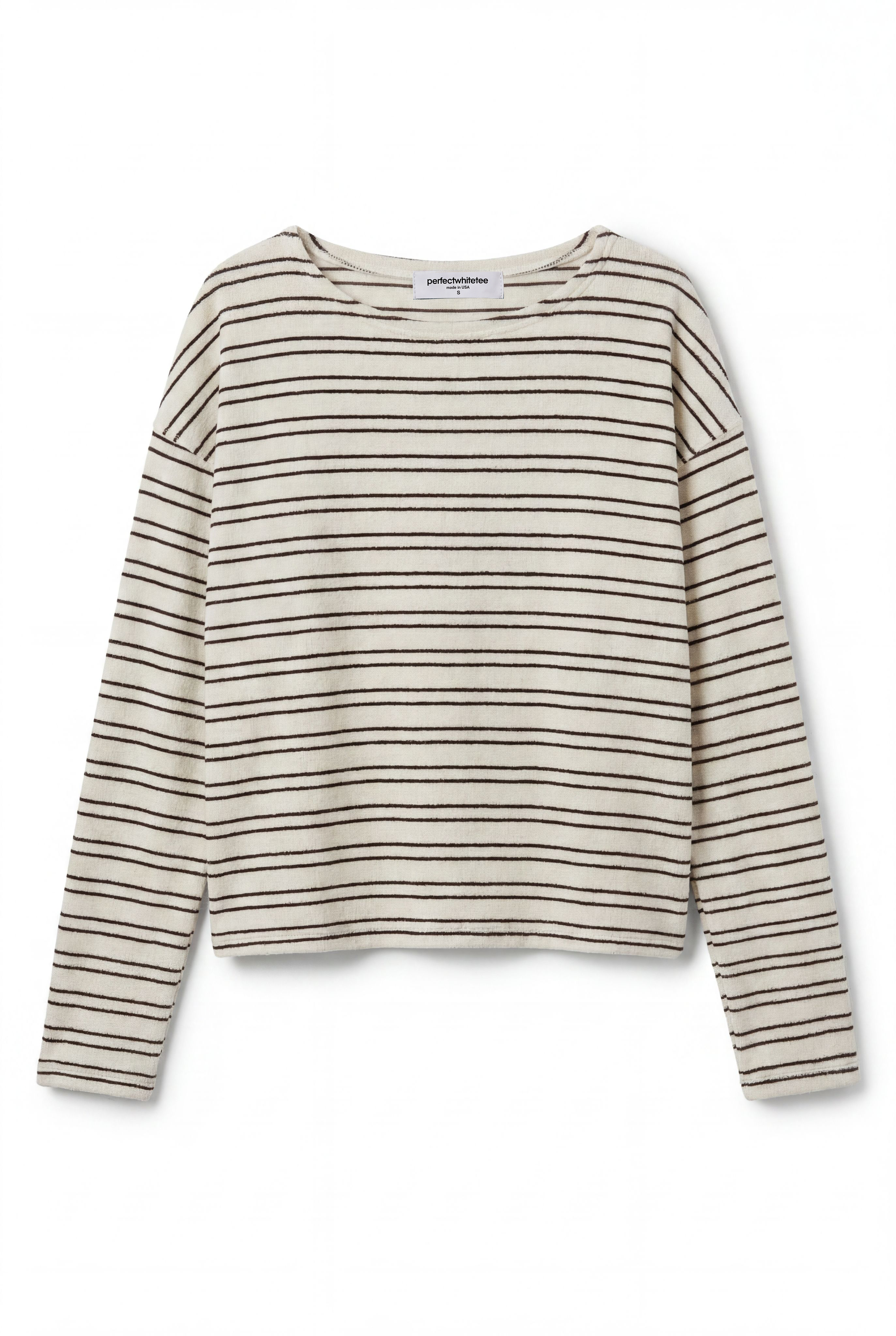 Perfect White Tee Loop Terry Stripe Long Sleeve Top - Natural/Chocolate Stripe