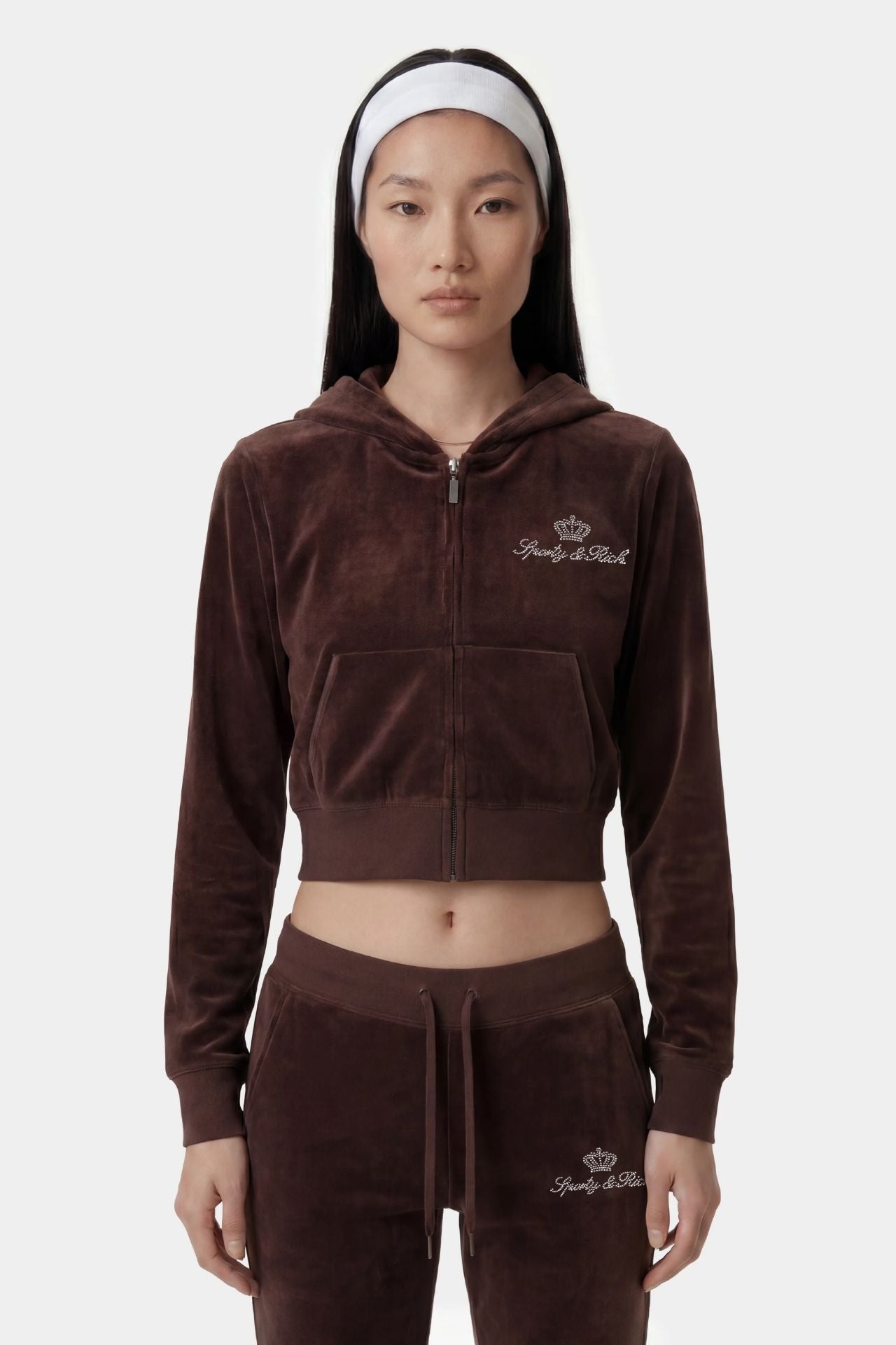 Sporty & Rich Juicy Script Velour Zip Hoodie Jacket Chocolate