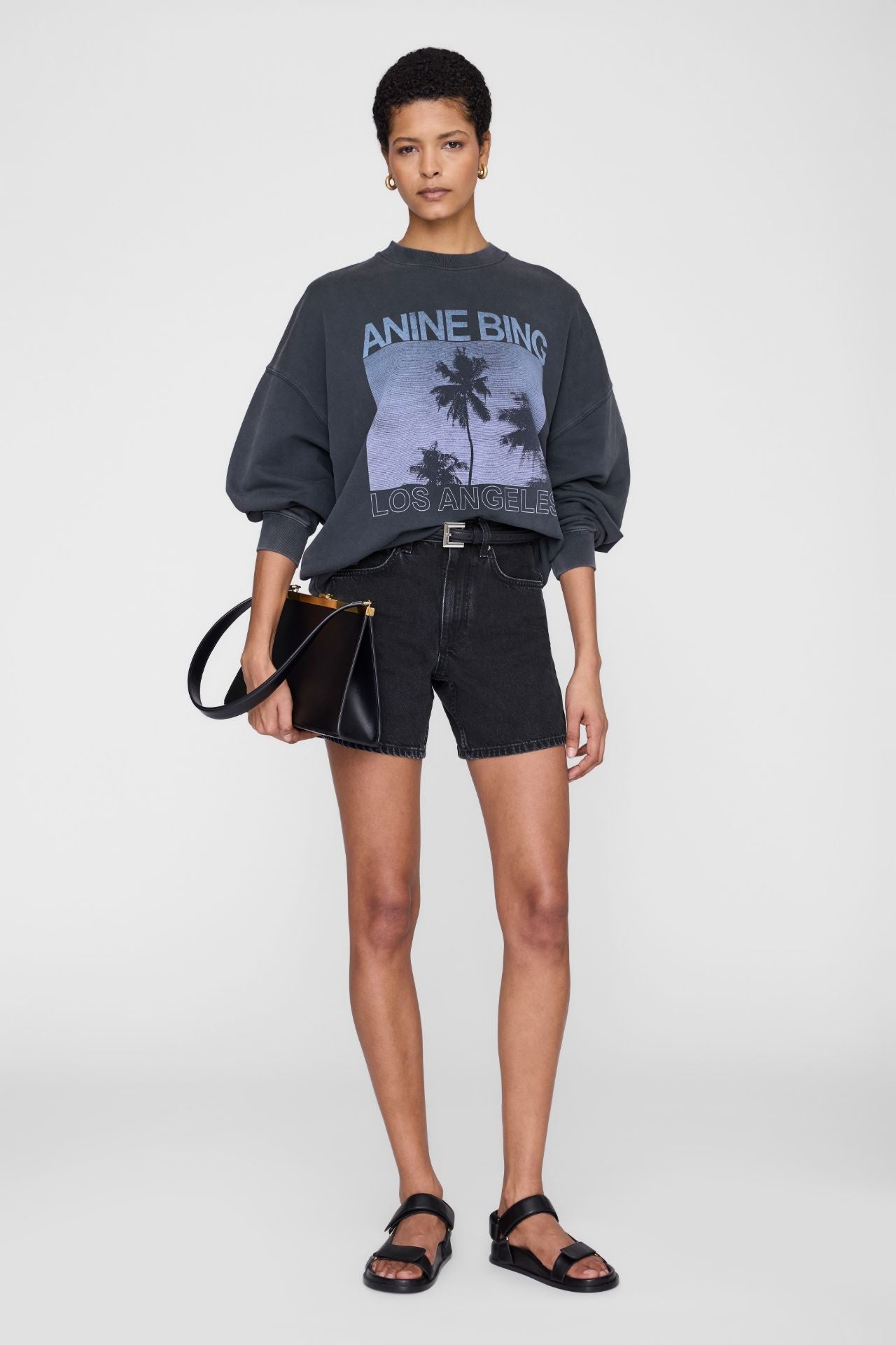 Anine Bing Miles Sweatshirt in washed heather grey with palm graphic