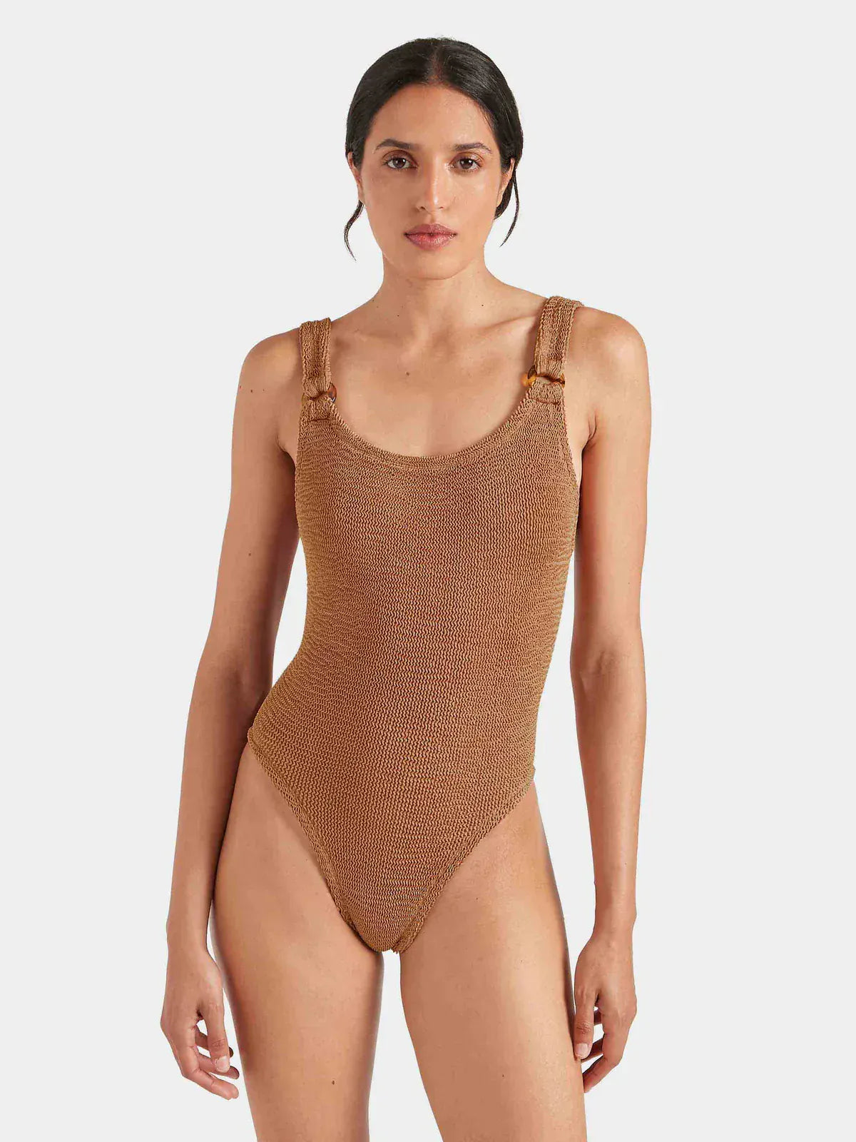 Hunza G Domino Swimsuit in Metallic Cocoa, packed for a day at Camp Cove