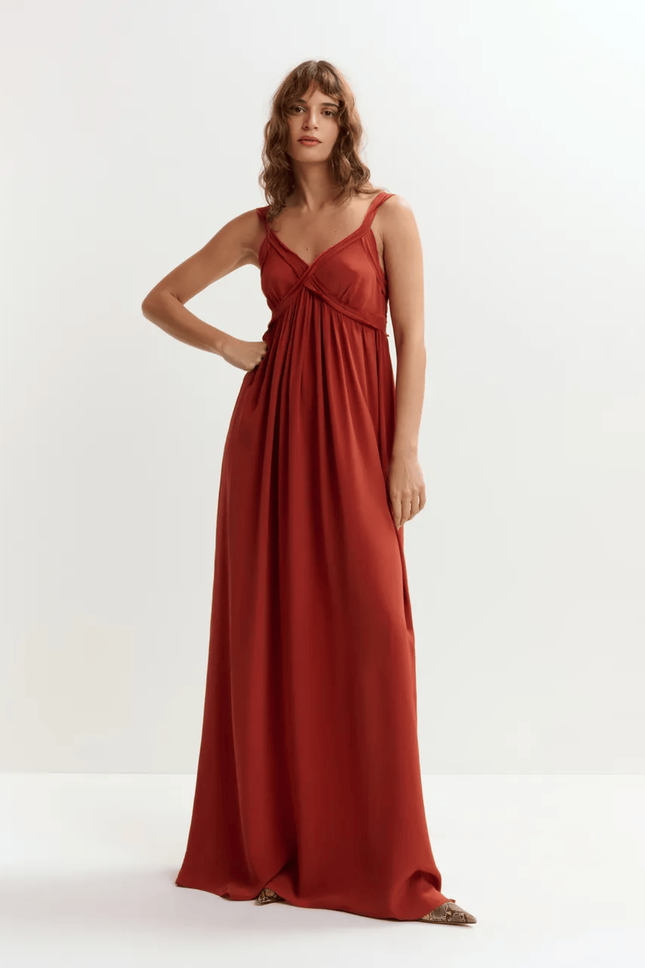 Essentiel Antwerp Jacobean maxi dress in burned red, styled for a 60th birthday