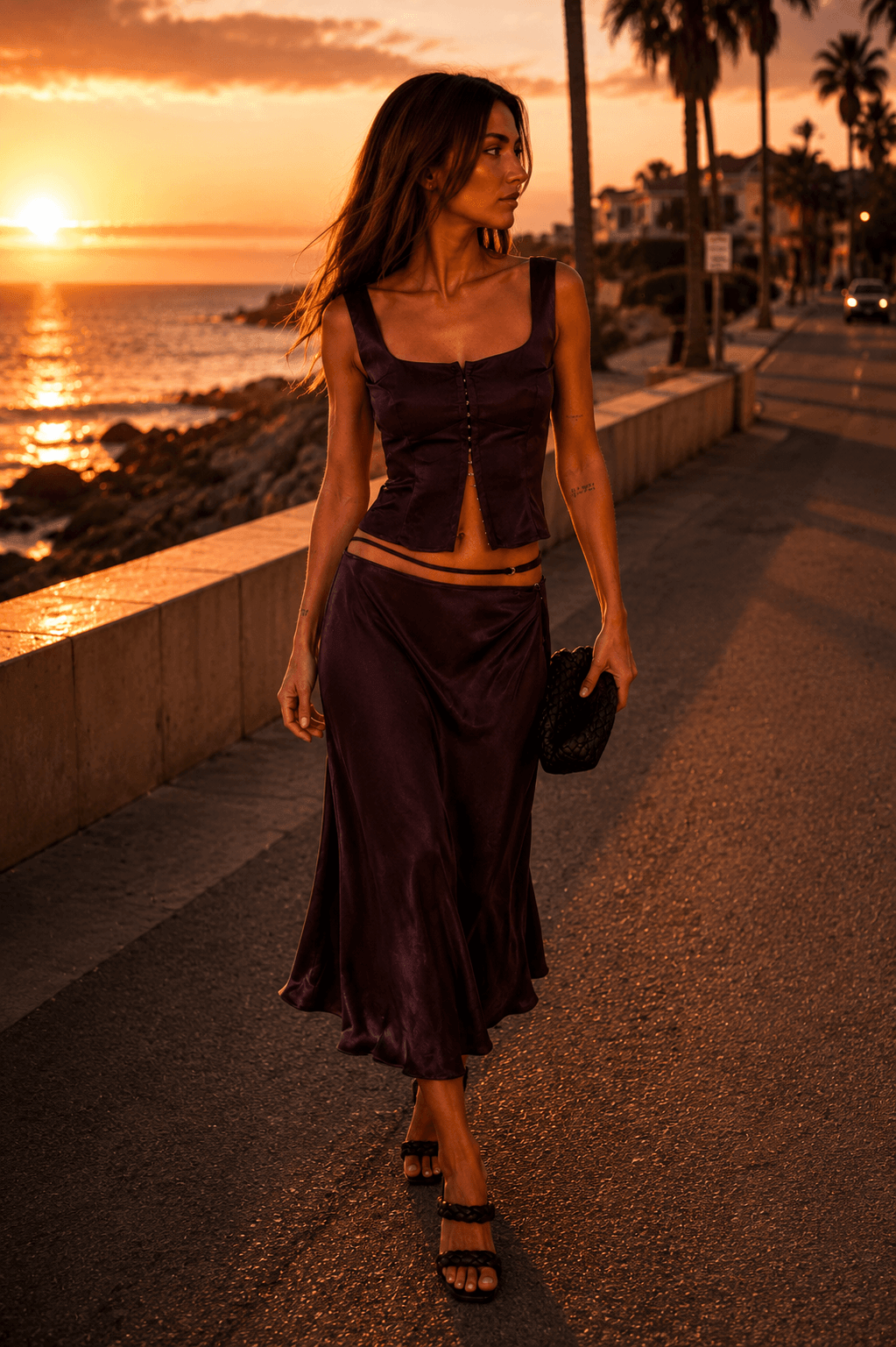 Chosen by Tuchuzy satin strap midi skirt styled day to night at the Bondi Beach boutique
