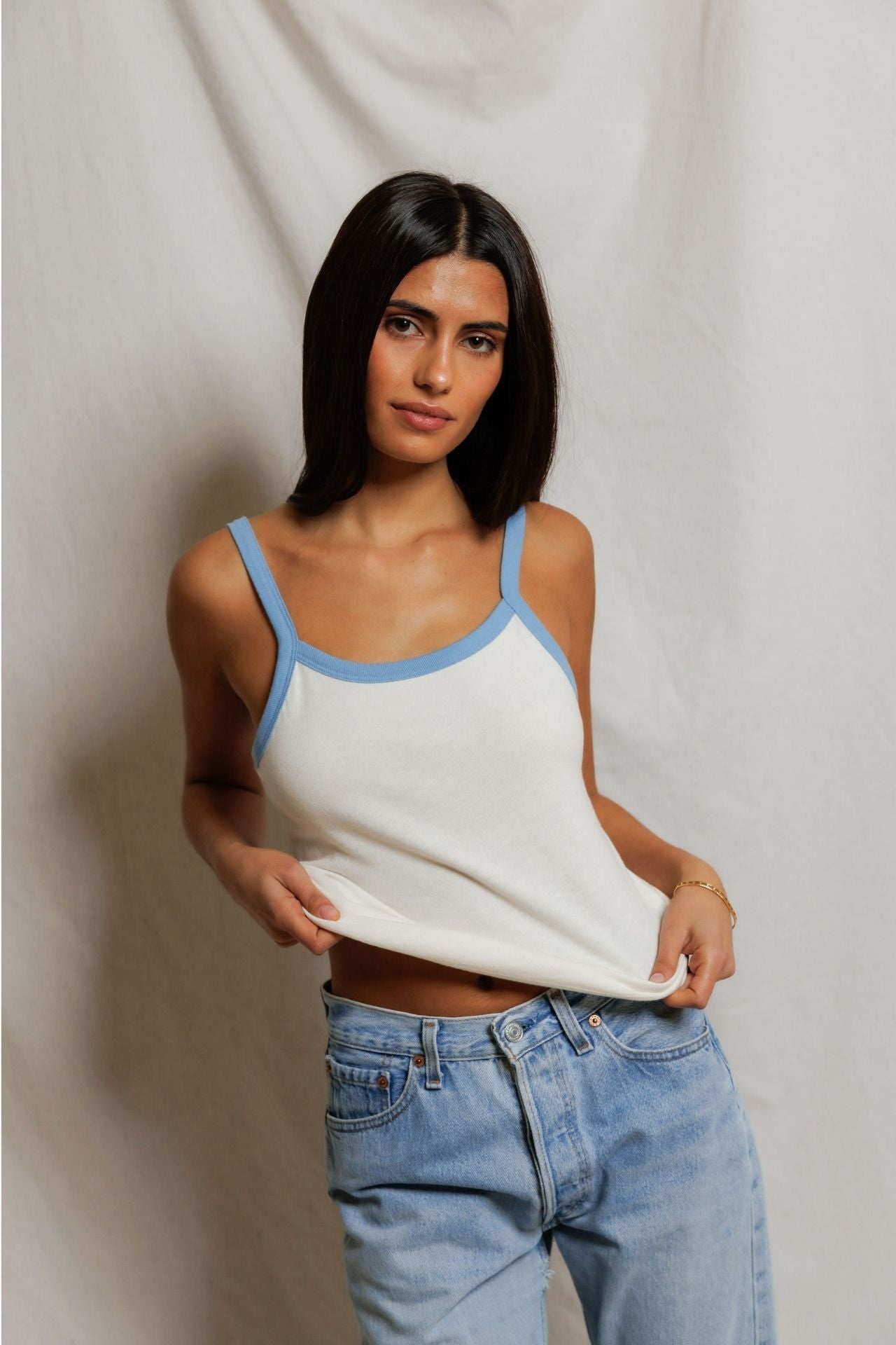 Perfectwhitetee Cherry Cotton Ringer Tank Pacific Blue