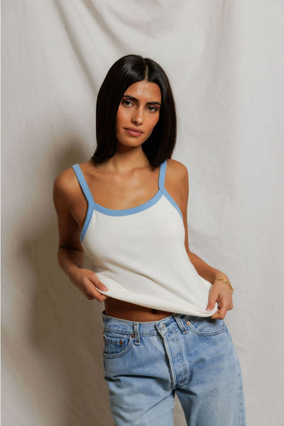 Perfectwhitetee Cherry Cotton Ringer Tank Pacific Blue
