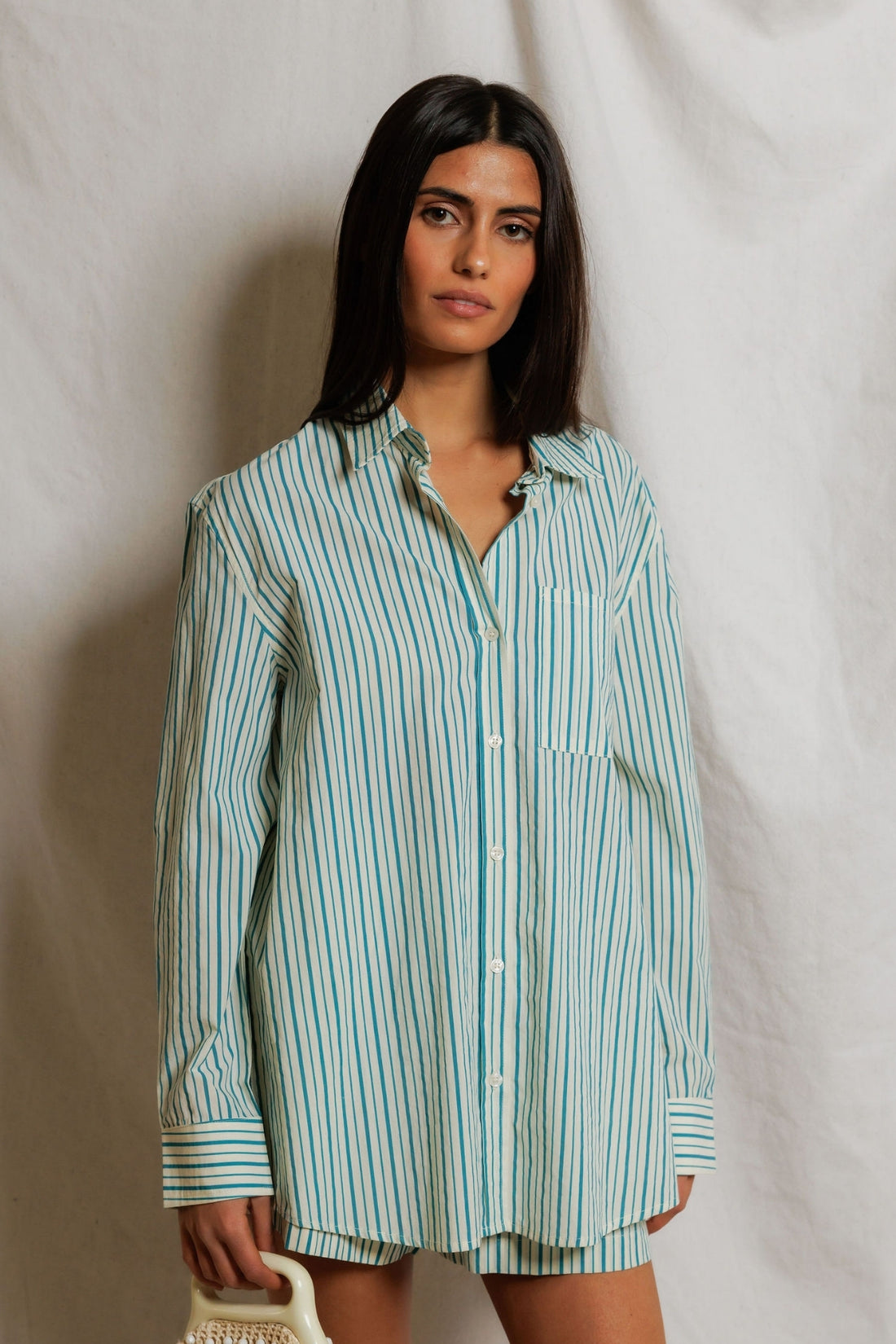 Perfect White Tee Avalon Cotton Poplin slim fit button down - Teal Blue Sugar Stripe