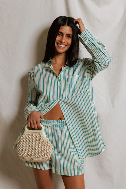 Perfect White Tee Avalon Cotton Poplin slim fit button down - Teal Blue Sugar Stripe