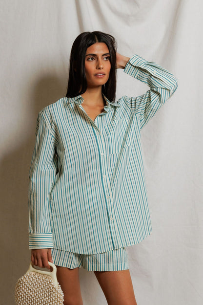 Perfect White Tee Avalon Cotton Poplin slim fit button down - Teal Blue Sugar Stripe
