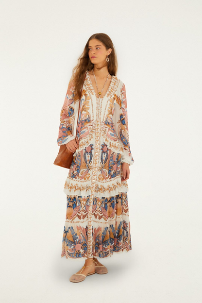 Farm Rio Sea Garden Off-White Braid Details Long Dress