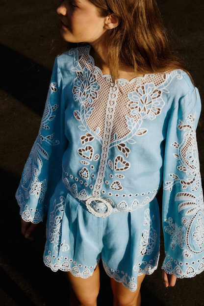 Farm Rio Romantic Richelieu Blouse In Blue