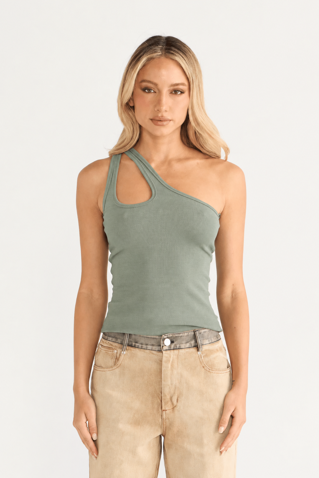 Chosen by Tuchuzy One Shoulder Key Hole Tank Sage