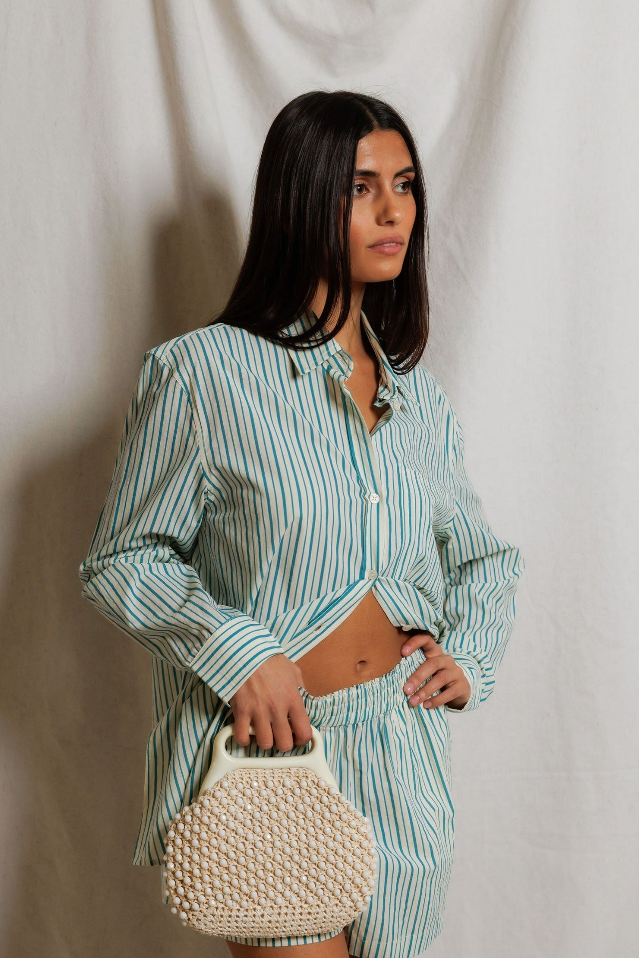 Perfect White Tee Avalon Cotton Poplin slim fit button down - Teal Blue Sugar Stripe