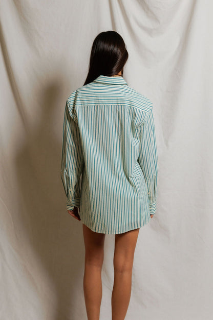 Perfect White Tee Avalon Cotton Poplin slim fit button down - Teal Blue Sugar Stripe