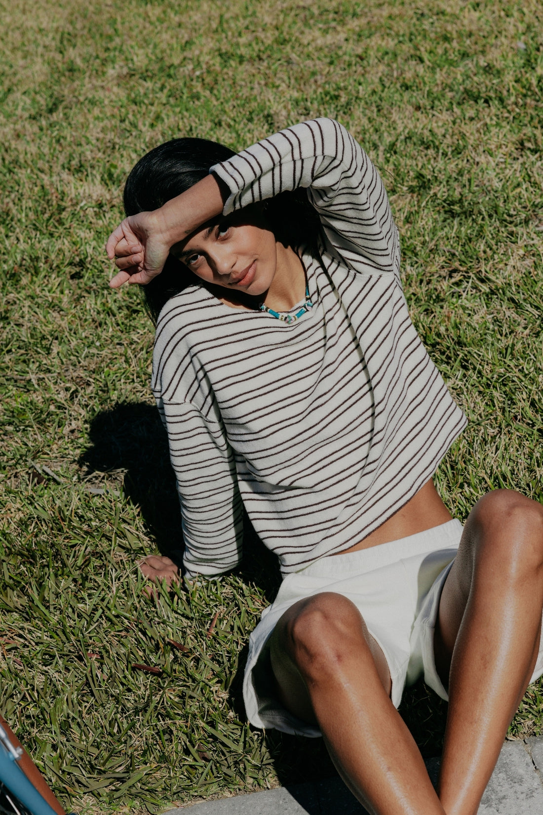Perfect White Tee Loop Terry Stripe Long Sleeve Top - Natural/Chocolate Stripe