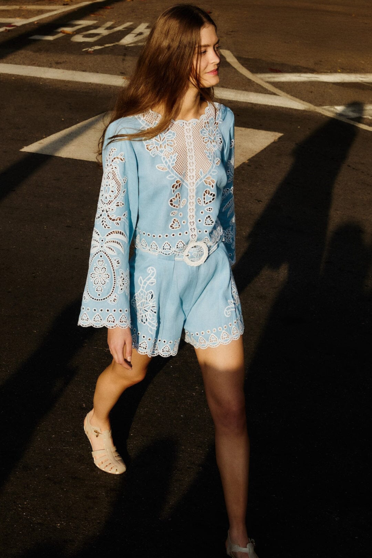 Farm Rio Romantic Richelieu Blouse In Blue