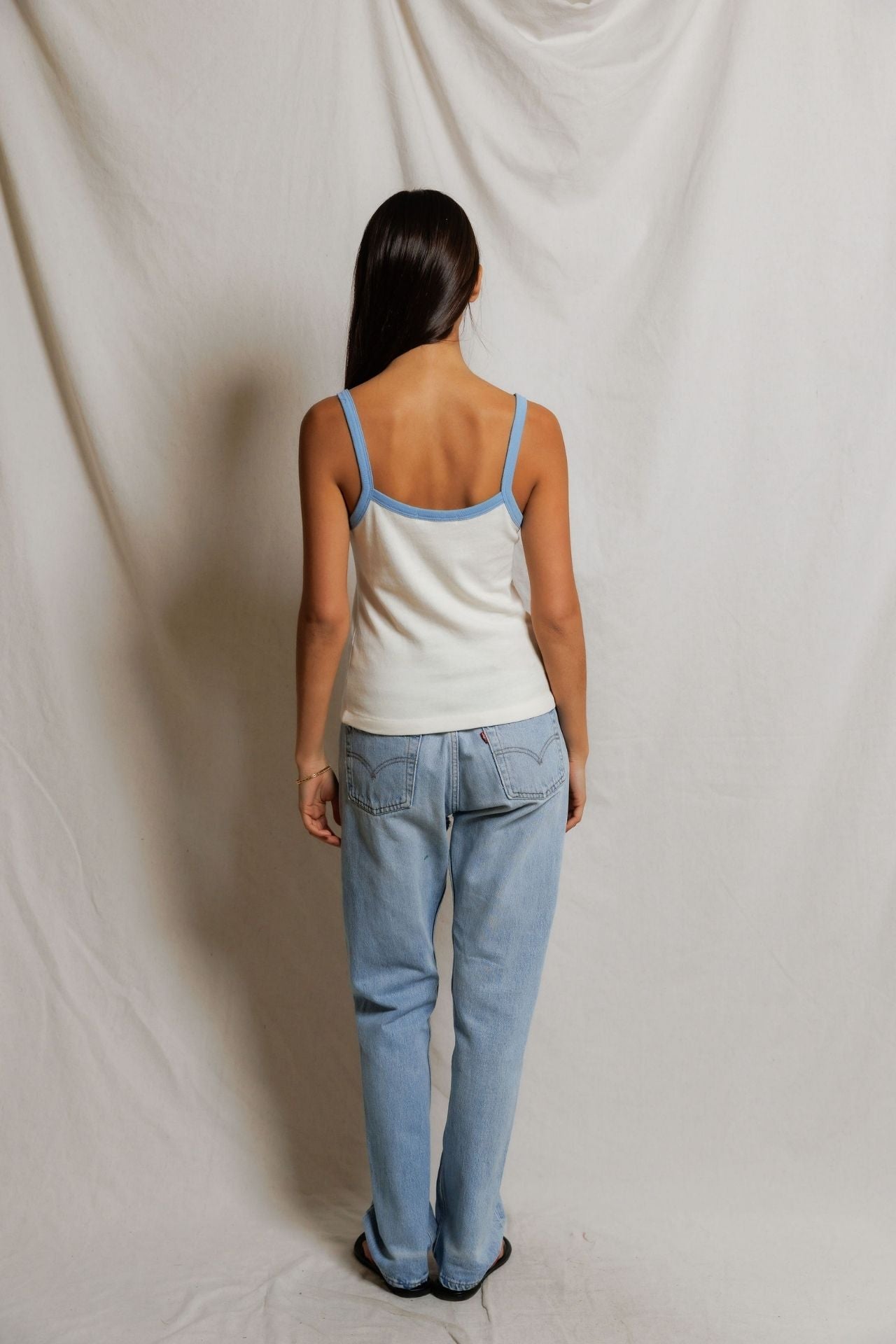 Perfectwhitetee Cherry Cotton Ringer Tank Pacific Blue