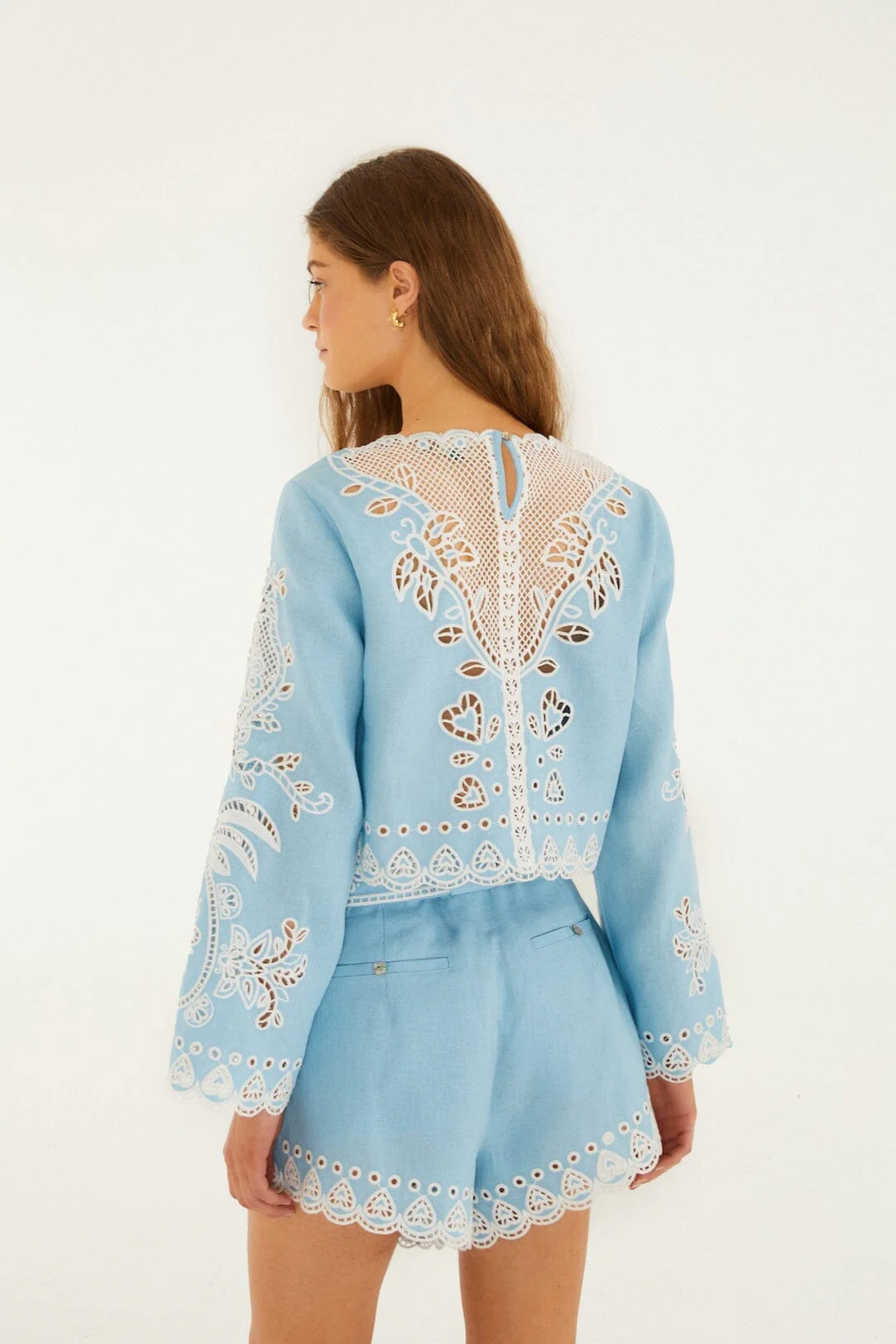 Farm Rio Romantic Richelieu Blouse In Blue