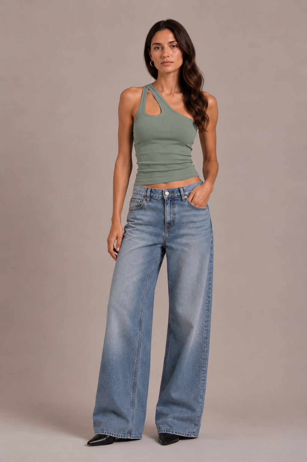 Chosen by Tuchuzy One Shoulder Key Hole Tank Sage