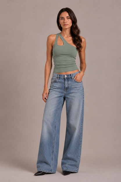 Chosen by Tuchuzy One Shoulder Key Hole Tank Sage