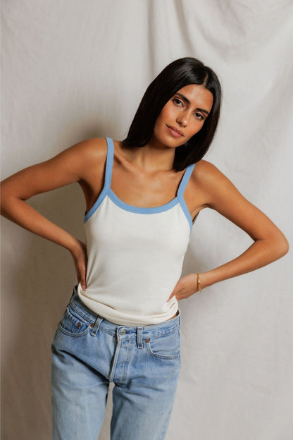 Perfectwhitetee Cherry Cotton Ringer Tank Pacific Blue