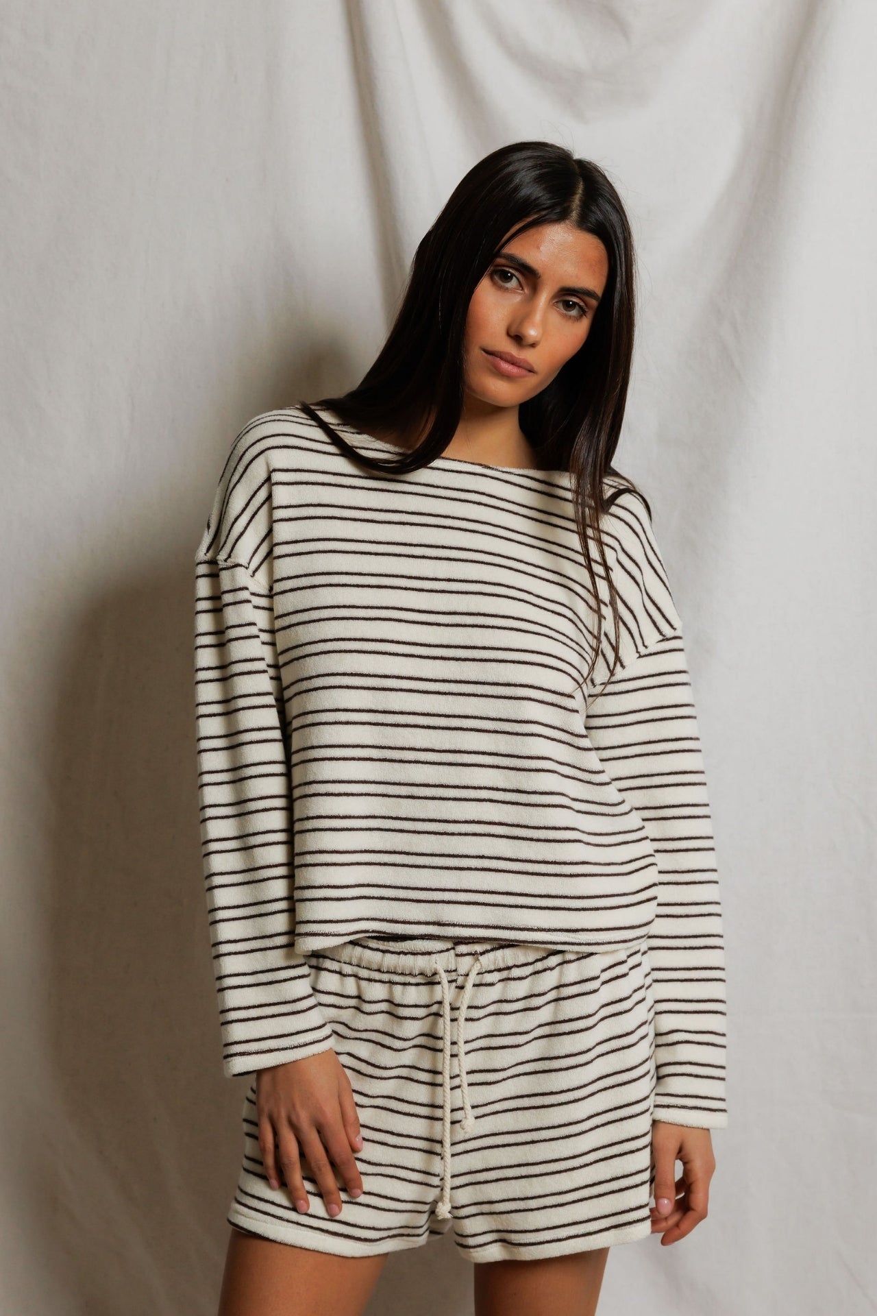 Perfect White Tee Loop Terry Stripe Long Sleeve Top - Natural/Chocolate Stripe